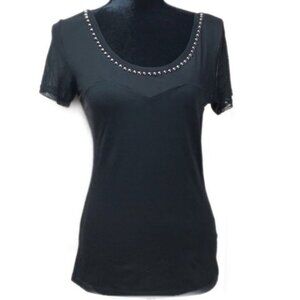 H&M Shirt Womens Small Black Semi-Sheer Top Brass Studded Scoop Neck Tee